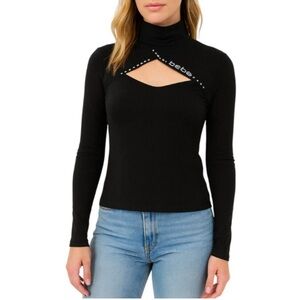 bebe Black Long-Sleeve Turtleneck with Chest Cutout and Logo Detail